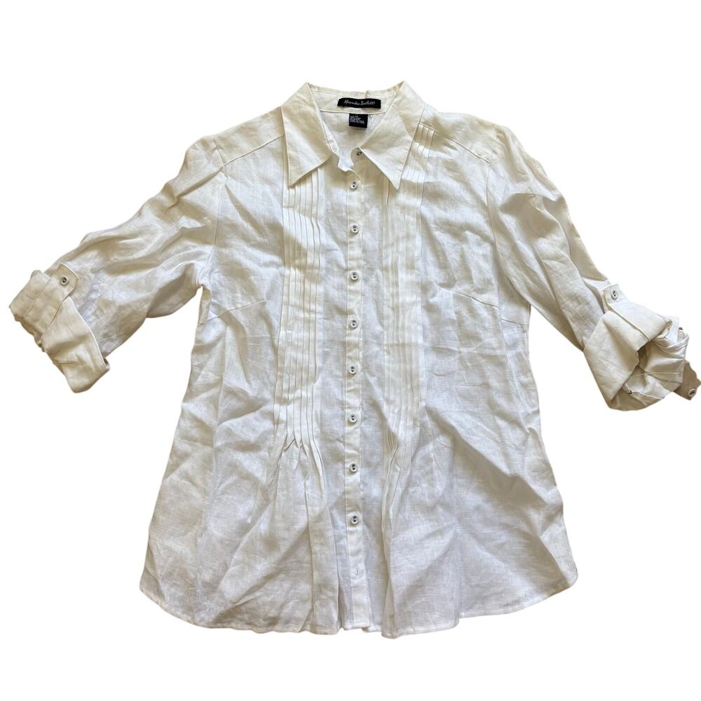 NEW Alexandra Bartlett Women’s 100% Linen Button Down Blouse Roll Tab Sleeve M